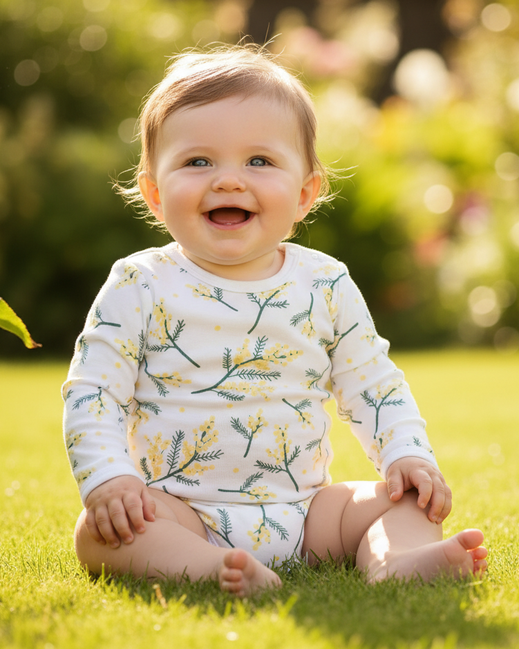 Baby sitting on grass wearing a wattle print onesie surrounded by greenery.