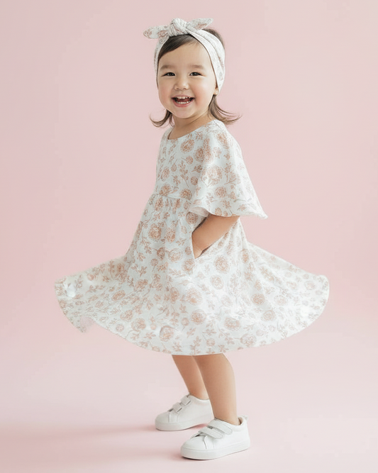 photograph of a very cute 2 year old girl twirling in the 'We Fly High Dress - Blush Peony' with matching headband in a studio setting.. Use HDR studio lighting with diffused daylight to enhance the vibrant blush pink
