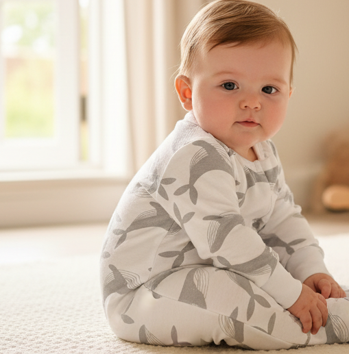 Baby sitting on a crib mattress in a nursery with toys in the background