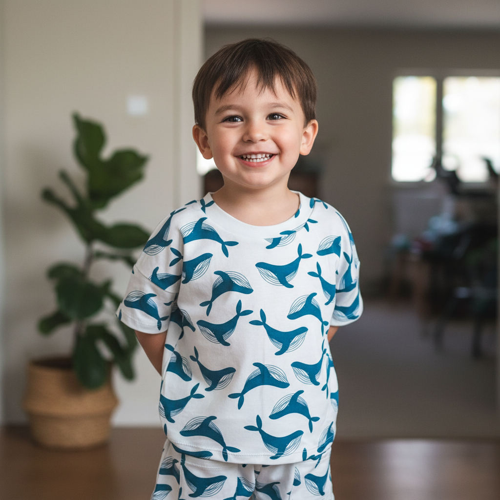  boy child wearing the 'Tee & Shorts Set - Whale' standing happily with a cheesy smile. 