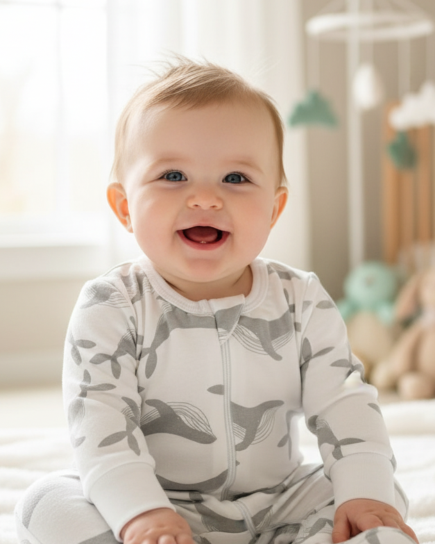 Baby wearing a gray and white patterned onesie sitting on a bed.
