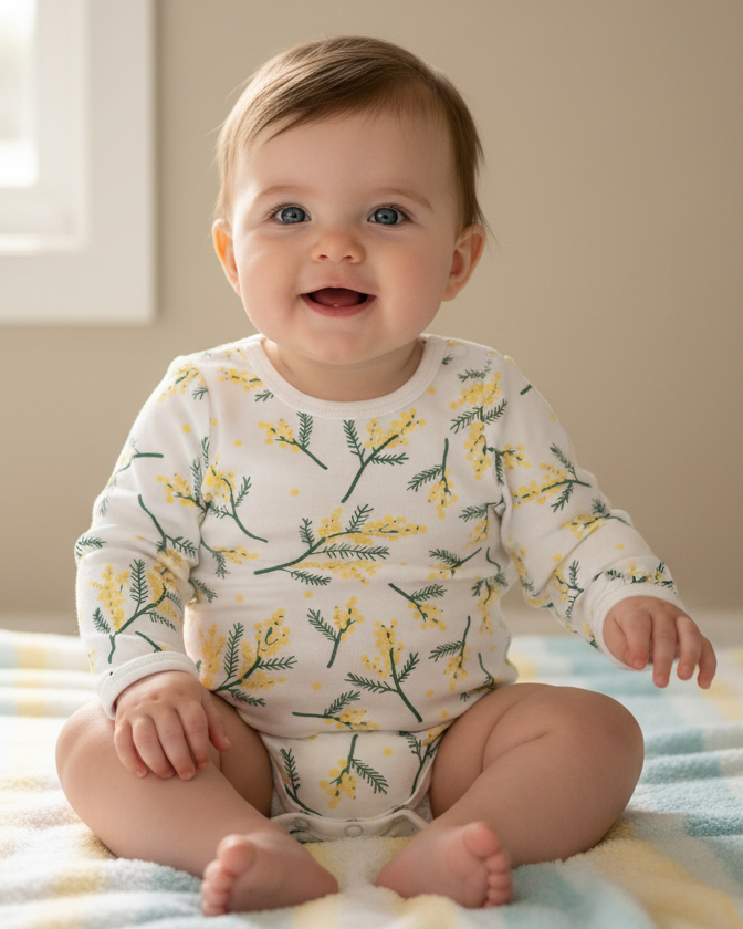Baby wearing a long-sleeve bodysuit with floral pattern sitting on a bed.