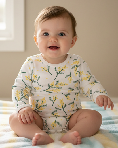 Baby wearing a long-sleeve bodysuit with floral pattern sitting on a bed.
