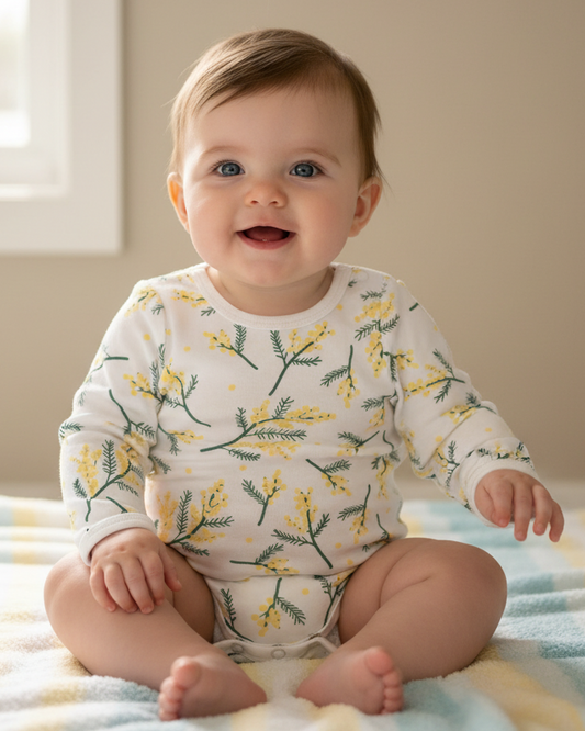 Baby wearing a long-sleeve bodysuit with floral pattern sitting on a bed.