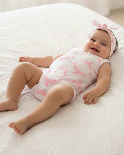 Design a joyful and serene scene where a very cute brunette baby girl is wearing the 'Organic Singlet Bodysuit - Pink Whale' with the matching pink whale headband. The baby is lying on her back on a plush, luxurious bed smiling into the camera, in a bright