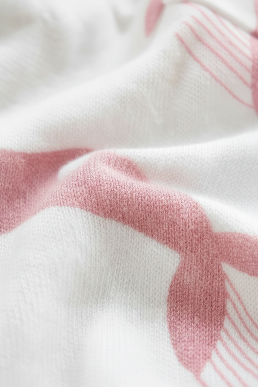 Close-up of a white knit fabric with a soft pink whale pattern, showing the texture of the yarn and the draped folds of the material.