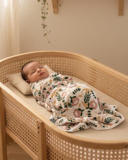 A newborn baby is sleeping peacefully in a woven rattan bassinet with a floral-patterned blanket, set in a softly lit nursery with cream curtains and a wooden shelf in the background.