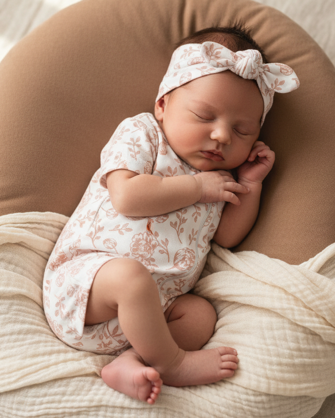 A softly lit, editorial-style photograph of a newborn baby wearing 'short sleeve romper in Blush Peony' with a matching headband, peacefully sleeping on textured, neutral-toned bedding. Styled on a muslin wrap, or lightly padded cushion in cream, blush, or