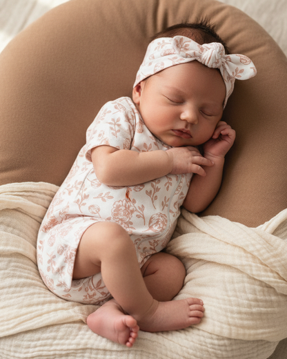 A softly lit, editorial-style photograph of a newborn baby wearing 'short sleeve romper in Blush Peony' with a matching headband, peacefully sleeping on textured, neutral-toned bedding. Styled on a muslin wrap, or lightly padded cushion in cream, blush, or