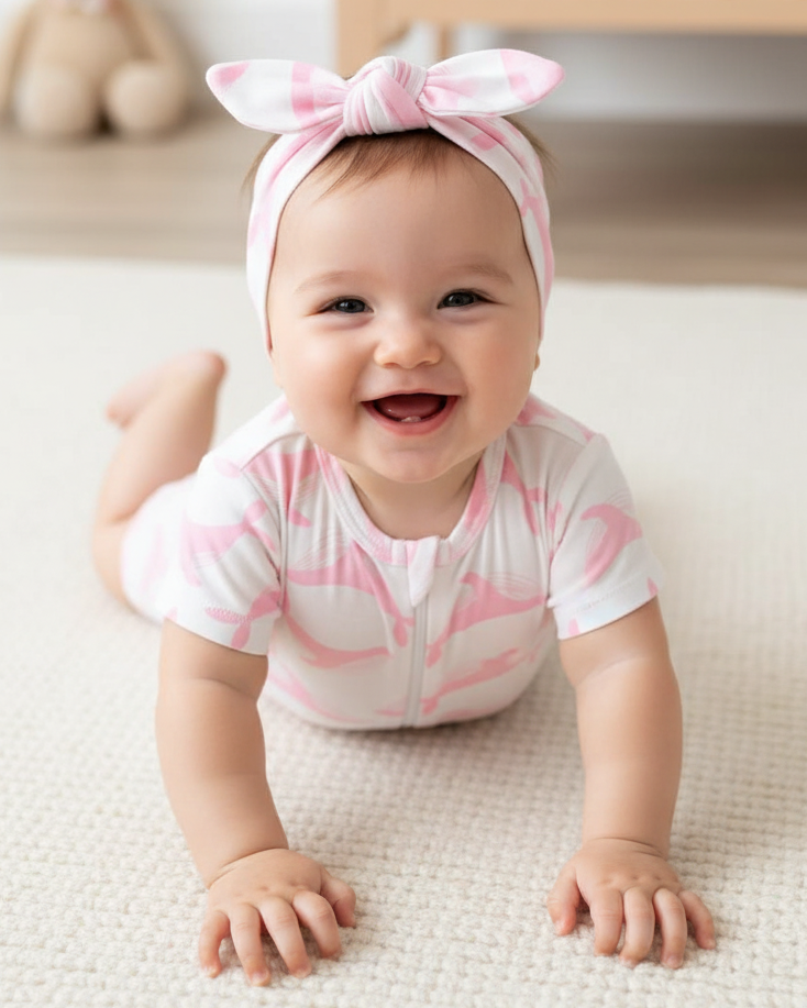 Baby wearing a pink and white outfit with a matching headband, lying on a white blanket.