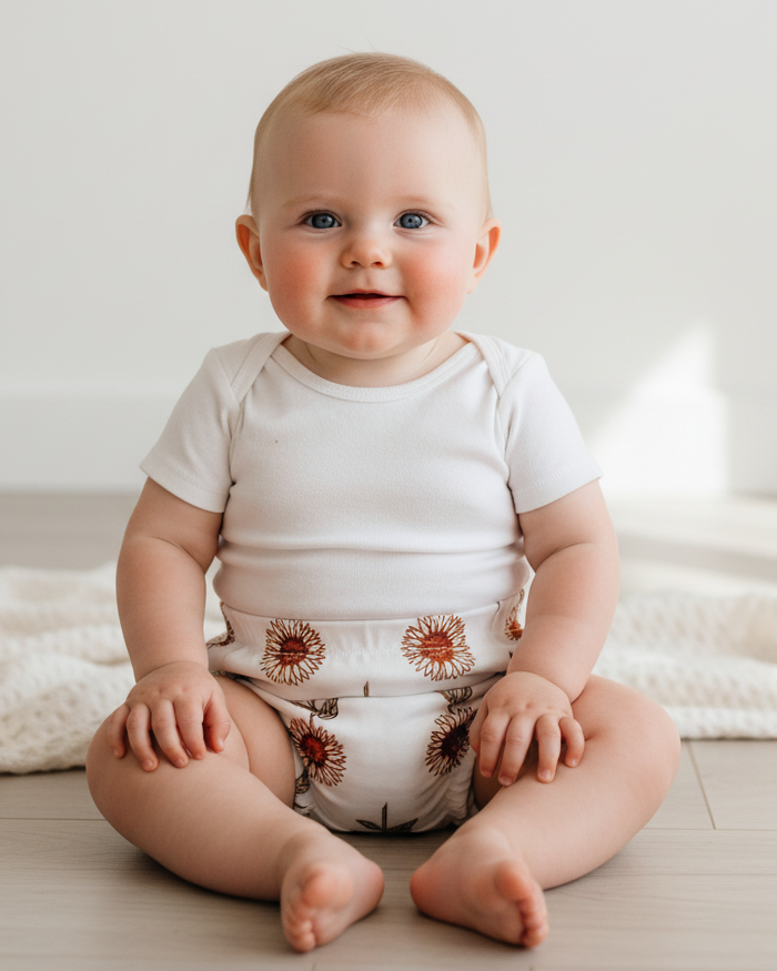 A realistic, natural lifestyle photograph of a cute, slightly chubby baby sitting on the floor, smiling softly and looking into the camera with bright, expressive eyes. The baby is wearing the bloomers with a simple white bodysuit. Shot in soft natural day