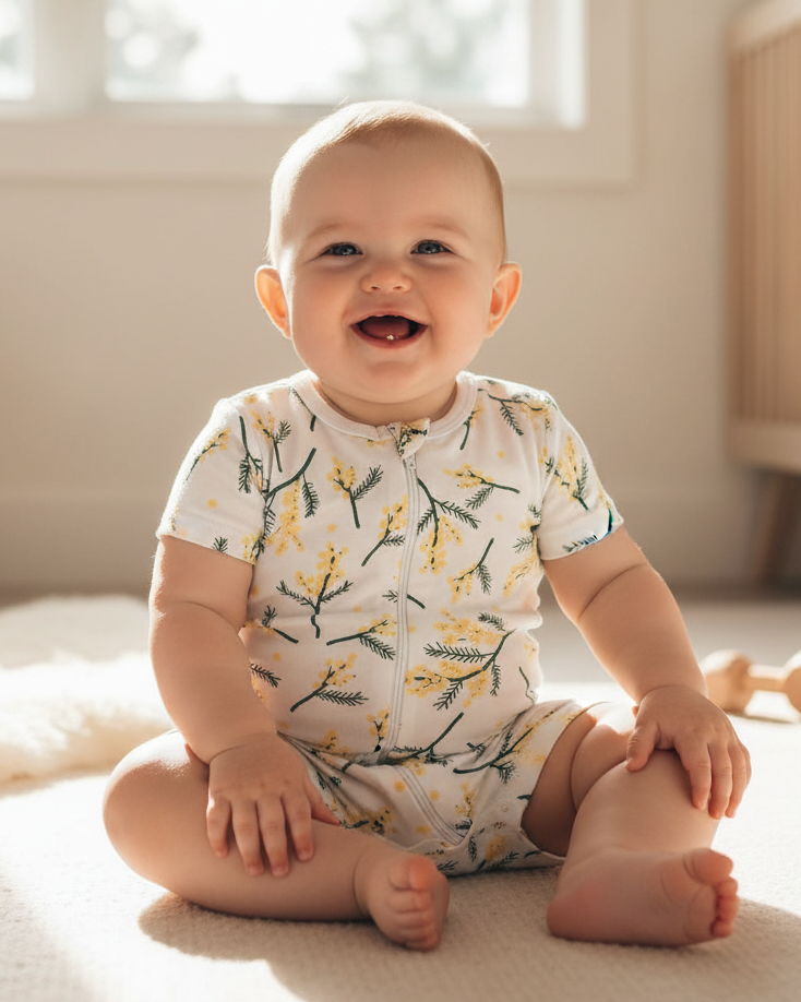 Baby sitting on a bed wearing a Wattle onesie in a bright nursery.