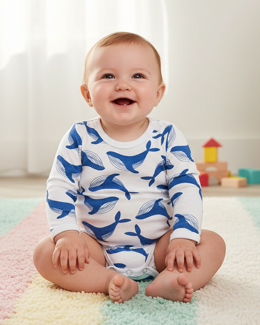 Baby wearing a blue whale patterned long sleeve bodysuit sitting on a colorful rug in a nursery.