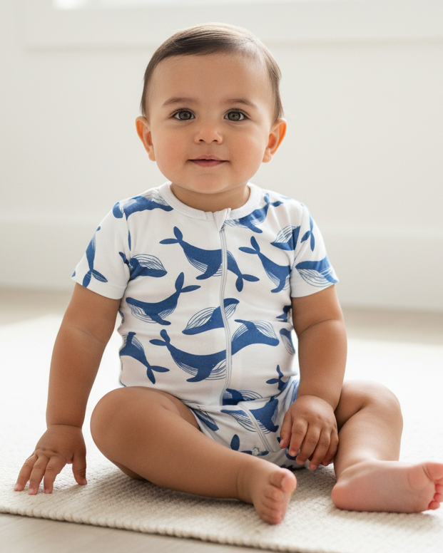 Baby wearing a white onesie with blue whale patterns sitting on a light-colored floor.