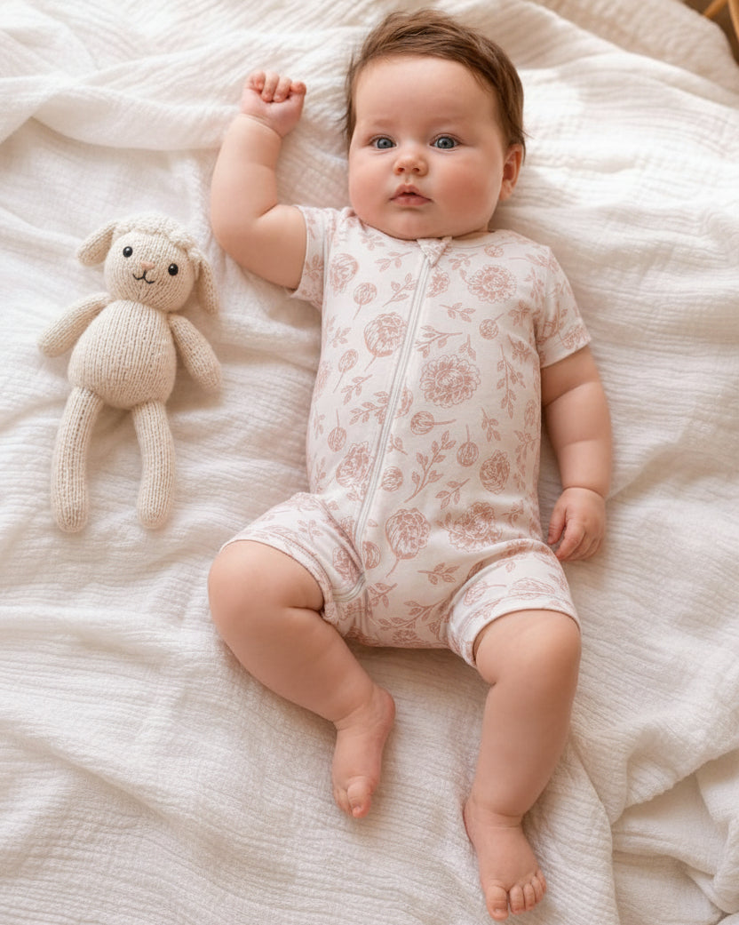 Baby wearing Blush Peony short sleeve romper with diagonal centre zipper on textured linen blanket, showcasing delicate hand-drawn print and comfortable fit.