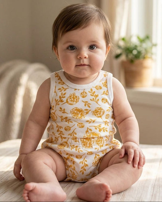 Adorable 8-month-old baby with short brunette hair wearing the Golden Peony singlet and bloomers set, seated on a textured wooden surface in warm indoor sunlight.