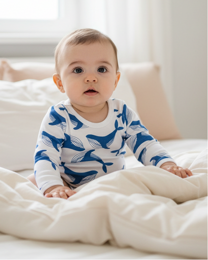 Baby sitting on a bed with white bedding and light-colored walls