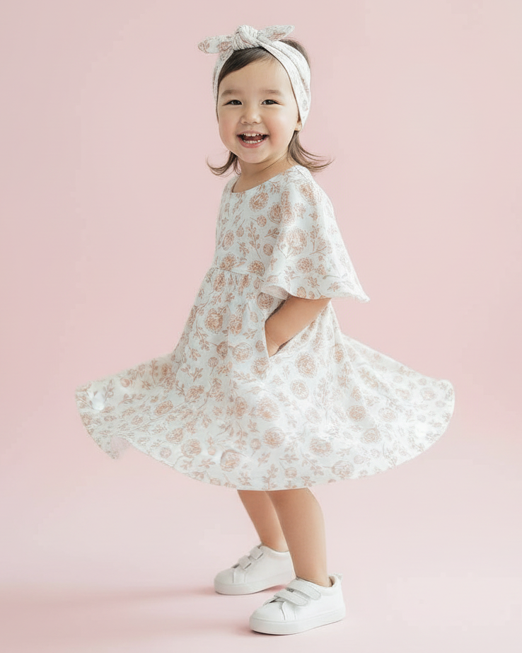 photograph of a very cute 2 year old girl twirling in the 'We Fly High Dress - Blush Peony' with matching headband in a studio setting.. Use HDR studio lighting with diffused daylight to enhance the vibrant blush pink