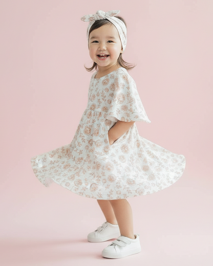 photograph of a very cute 2 year old girl twirling in the 'We Fly High Dress - Blush Peony' with matching headband in a studio setting.. Use HDR studio lighting with diffused daylight to enhance the vibrant blush pink