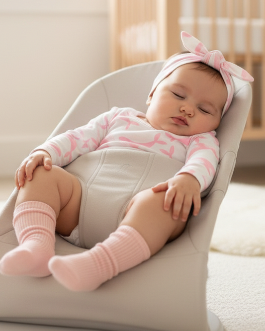 gorgeous brunette baby girl of 3 months old wearing the 'Long Sleeve Bodysuit - Pink Whale' with a matching headband in a bright, airy nursery setting. She is lying in a neutral bouncer fast asleep with a cute pink sock
