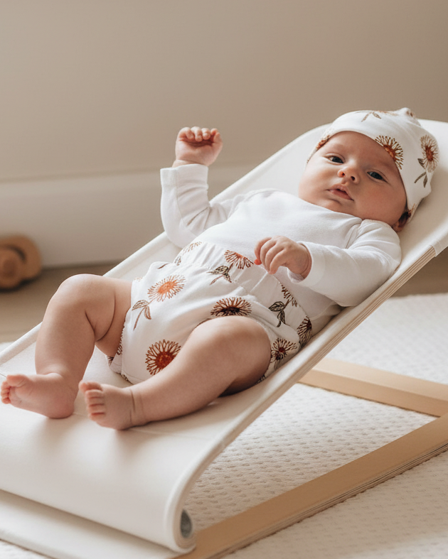 A soft, light-filled lifestyle photograph of a 3 month old baby lying on her back in a bouncer wearing the sunflower beanie, a white top tucked into the sunflower bloomers. Natural daylight, high key lighting, white and neutral background, airy and calm mo
