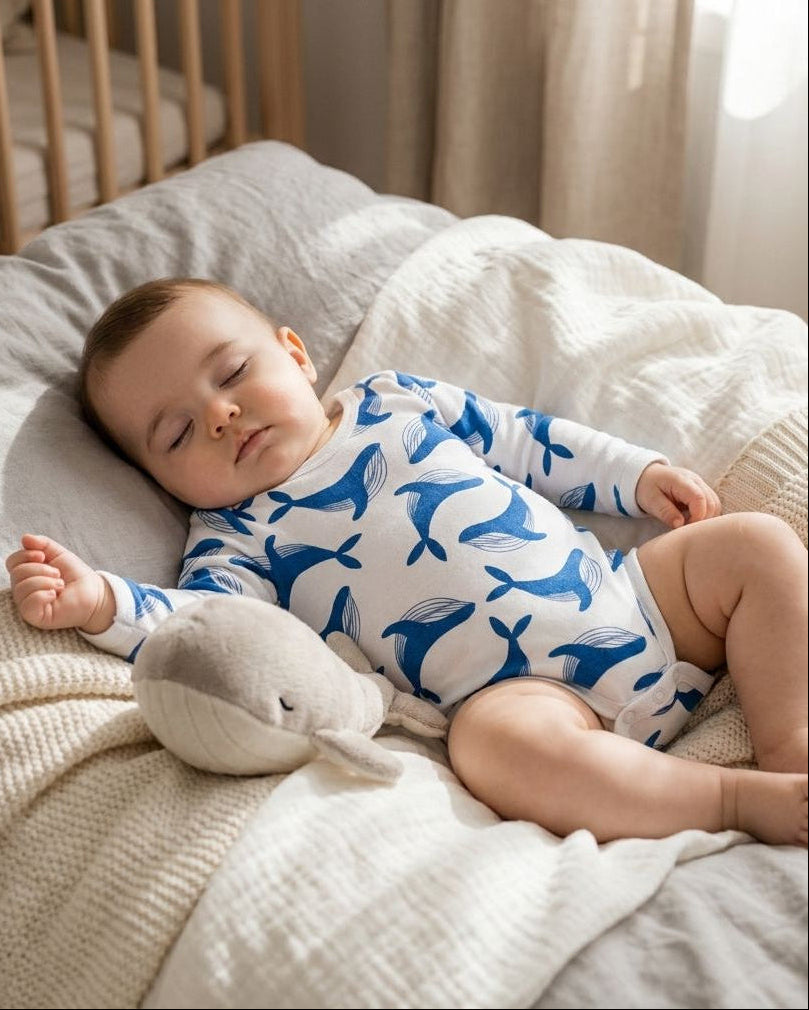 Baby sleeping on soft bedding wearing a blue whale print bodysuit with plush textures and ocean-inspired theme.