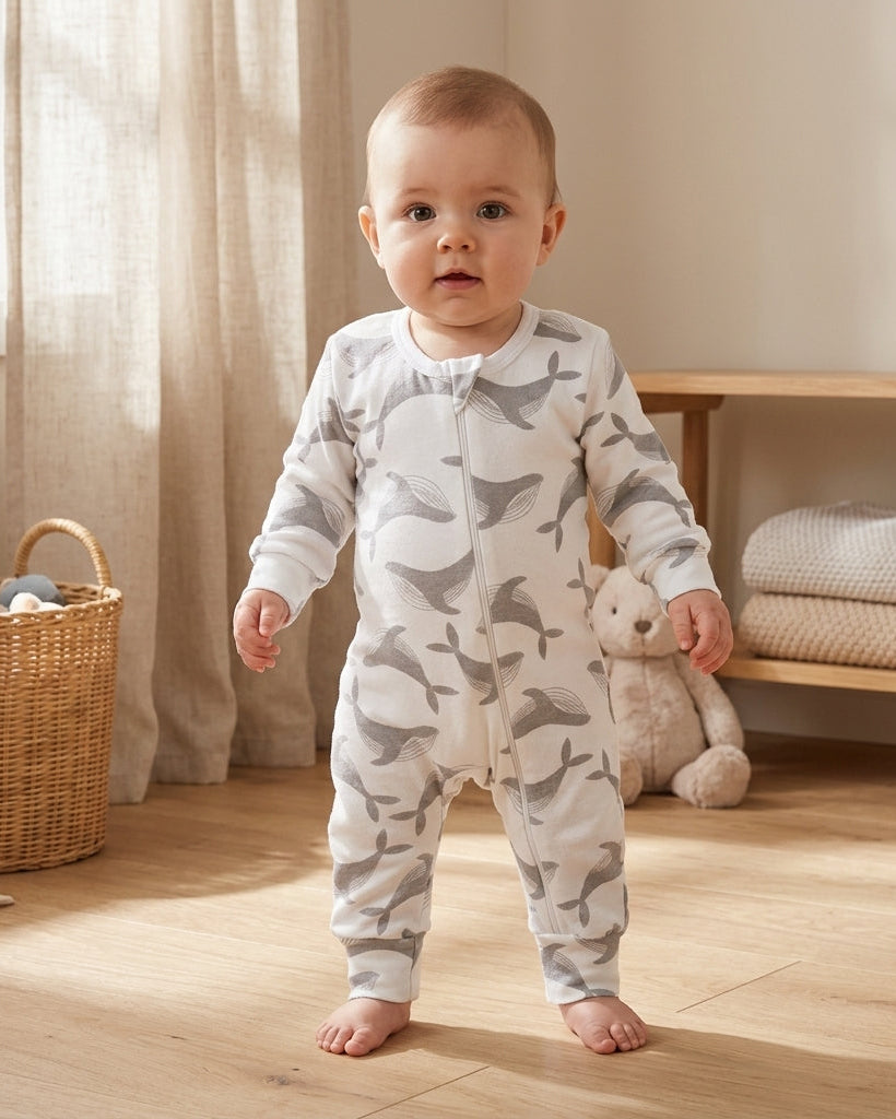 Baby wearing organic grey whale bodysuit with diagonal zip, posed on wooden floor in cozy nursery with sunlight filtering through curtains.