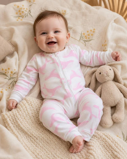 Baby sleeping on textured blanket wearing pink whale print organic cotton romper with soft natural light.