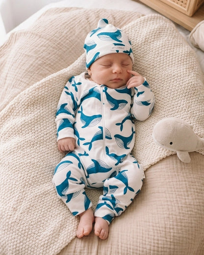 Baby lying on textured blanket wearing a blue whale print organic bodysuit in a softly styled nursery with natural light.