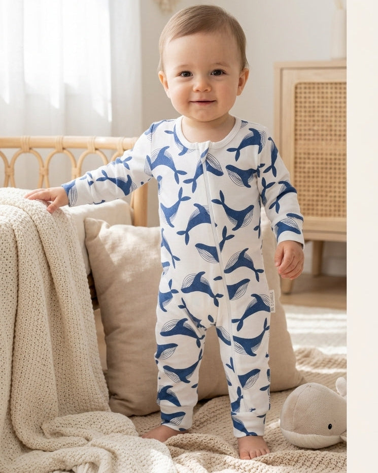 Baby in a blue whale print organic cotton bodysuit standing in a neutral nursery with soft, natural light.