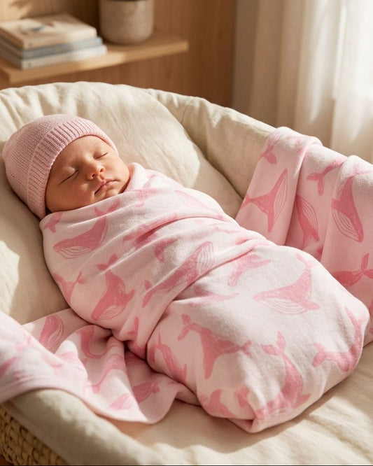 Newborn baby wrapped in pink whale organic cotton blanket, showcasing its softness and versatile use.
