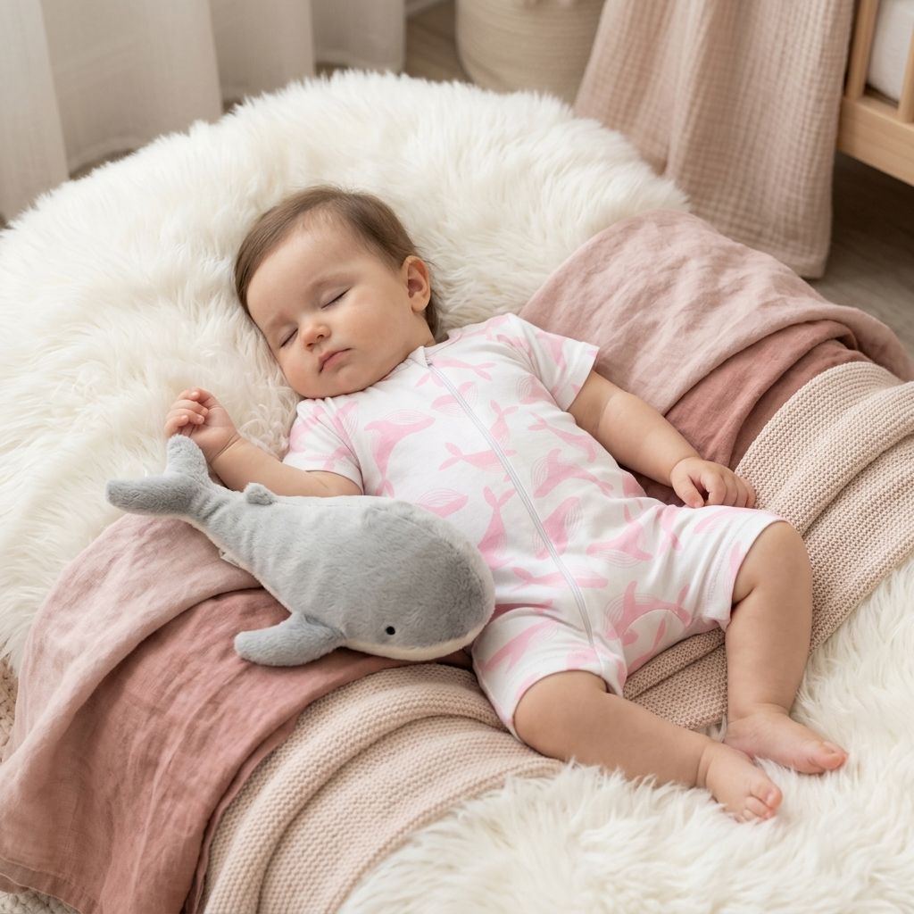 Baby sleeping peacefully in pink whale romper with diagonal center zip, on soft bedding in a warm neutral nursery.