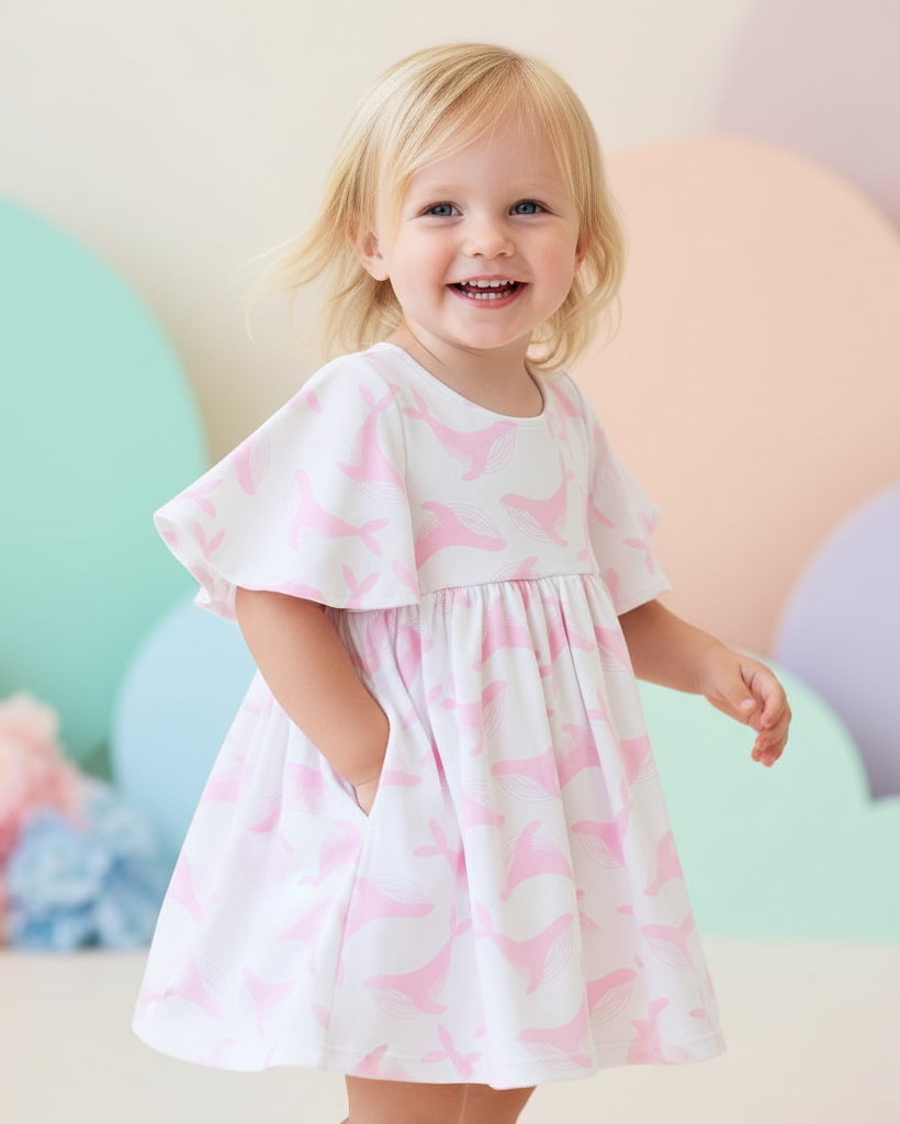 Craft a charming lifestyle scene featuring a young, very cute 2 year old girl in the 'We Fly High Dress - Pink Whale' in a pastel background. Use HDR studio lighting to enhance the bright, inviting atmosphere and illuminate the dress's playful pink whale p