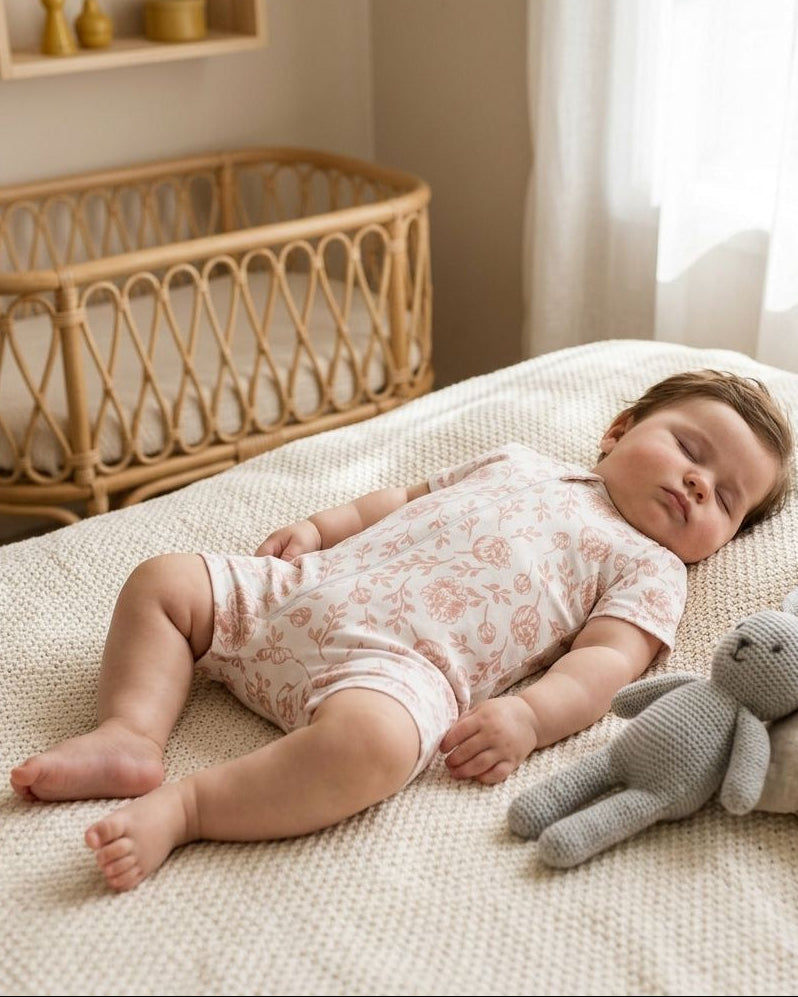 Peaceful baby sleeping on cream blanket wearing blush peony romper made from organic cotton, in warm nursery with soft neutrals and natural lighting.