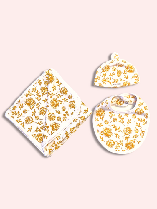 Newborn Accessories Bundle with Beanie - Golden Peony